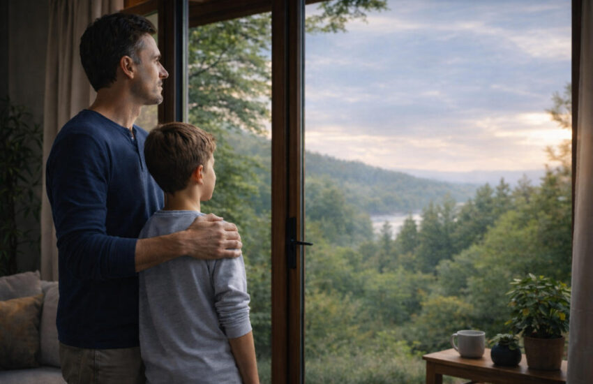Father and son standing by a window, looking at a natural landscape, symbolising long-term investing and financial education.