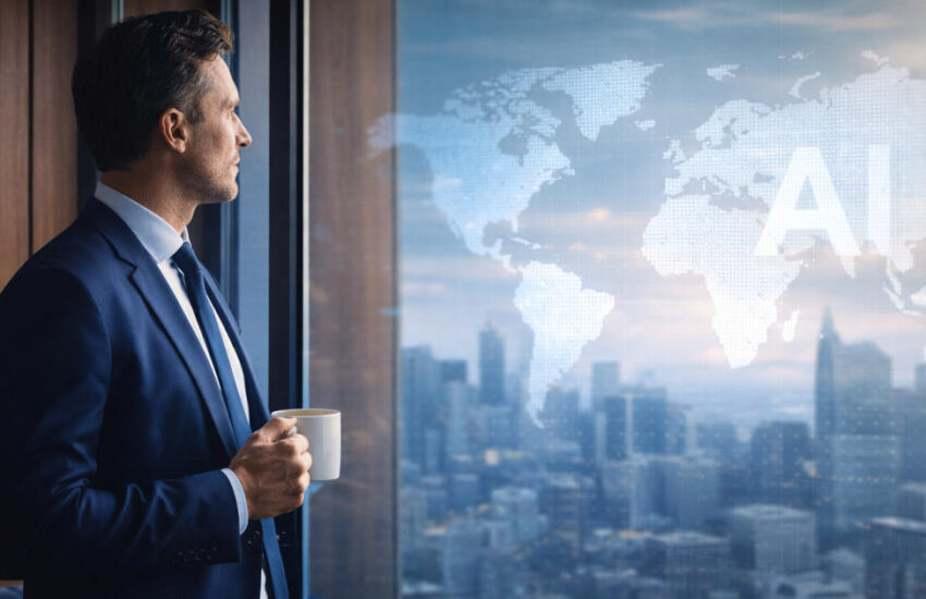 Long-term investor standing by an office window, holding a cup of coffee and reflecting on investment strategy amid AI-related market uncertainty.